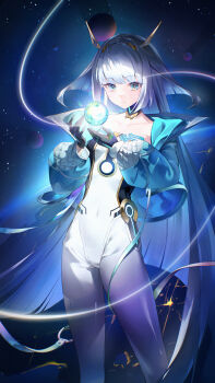 1girl absurdres aqua_jacket black_choker black_gloves blue_eyes blunt_ends bodysuit choker collarbone covered_navel cropped_jacket eudie_(shadowverse) fake_horns gloves grey_hair guo_chan hairband hashtag-only_commentary highres horn_hairband horns jacket long_hair long_sleeves open_clothes open_jacket orb shadowverse shadowverse:_worlds_beyond solo space very_long_hair white_bodysuit