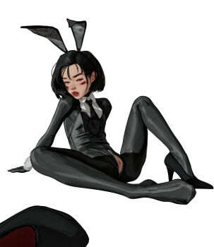 1girl alita alita:_battle_angel arm_support black_footwear black_gloves black_hair bodysuit cleft_of_venus crotch_zipper diathorn female_focus flat_chest full_body gloves half-closed_eyes high_heels highres latex latex_bodysuit lips loli looking_at_viewer necktie nose playboy_bunny pussy realistic red_lips short_hair simple_background sitting solo spread_legs thick_eyebrows uncensored unzipped white_background zipper