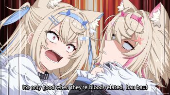 2girls animal_ear_fluff animal_ears blank_eyes blonde_hair blue_hair collar commentary dog_ears dog_girl english_commentary english_text fuwawa_abyssgard fuwawa_abyssgard_(1st_costume) gardavwar hair_ornament highres hololive hololive_english jacket long_hair mococo_abyssgard mococo_abyssgard_(1st_costume) motion_lines multicolored_hair multiple_girls open_mouth parted_lips pink_eyes pink_hair scene_reference shirt siblings sisters streaked_hair subtitled tokidoki_bosotto_roshia-go_de_dereru_tonari_no_alya-san twins v-shaped_eyebrows virtual_youtuber white_shirt x_hair_ornament