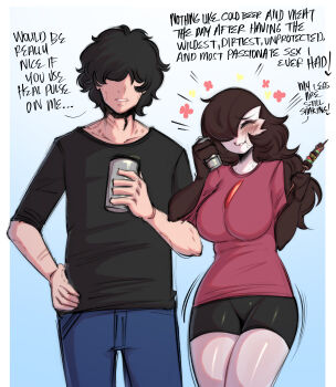 1boy 1girl :t ^_^ alternate_color alternate_hair_length_(longer) alternate_shiny_pokemon beer_can bite_mark black_bike_shorts black_hair black_shirt blue_background blue_pants border breasts brown_hair can cheek_bulge chewing closed_eyes colored_skin couple covered_eyes cowboy_shot dark_skin drink drink_can eating faceless faceless_male food gardevoir gen_3_pokemon gradient_background hair_over_eyes hair_over_one_eye hand_on_own_hip hand_up hands_up happy happy_aura hetero hickey holding holding_can holding_drink holding_food holding_skewer interspecies large_breasts long_hair morning_after multicolored_skin nintendo one_eye_covered outside_border pants parted_lips partial_humanization pokemon pokemon_(creature) raised_inner_eyebrows red_shirt saltyxodium shiny_skin shirt short_hair short_sleeves simple_background skewer smile standing thighs trembling two-tone_skin wavy_hair white_border white_skin