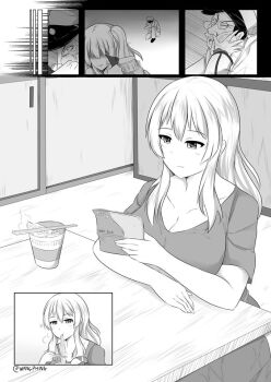 10s 1boy 1girl admiral_(kancolle) alternate_costume alternate_hairstyle breasts chopsticks comic eating flashback glasses greyscale hat indoors kantai_collection kashima_(kancolle) monochrome table twintails wangphing
