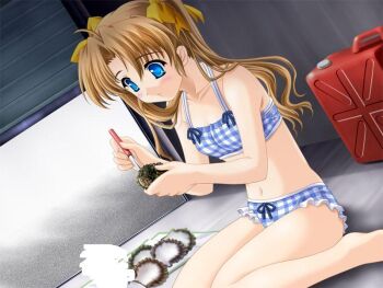 Rule 34 | 00s, 1girl, bikini, blue bikini, blue eyes, female focus, game cg, lamune, nakazato hikari, oysters, plaid bikini, plaid clothes, solo, swimsuit, twintails