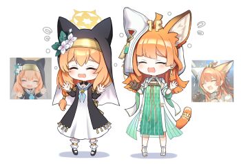 2girls absurdres animal_ears arknights black_jacket blue_archive bobby_socks brown_gloves cat_ears cat_girl cat_tail closed_eyes commentary dress earrings english_commentary engrish_commentary extra_ears gloves green_dress highres hood hood_up jacket jewelry long_hair look-alike mari_(blue_archive) multiple_girls nun open_mouth orange_hair papyrus_(arknights) single_glove socks tail th3cr0ma white_dress white_jacket