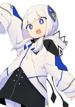 1girl :o absurdres arm_up black_dress blue_eyes blunt_bangs bright_pupils cevio commentary diamond_hair_ornament dress highres hood hood_down hooded_jacket jacket kafu_(cevio) kamitsubaki_studio long_sleeves looking_at_viewer looking_down low_twintails medium_hair multicolored_eyes nakamori_kemuri open_mouth pantyhose red_eyes simple_background sleeves_past_fingers sleeves_past_wrists solo twintails white_background white_hair white_jacket white_pantyhose white_pupils zipper