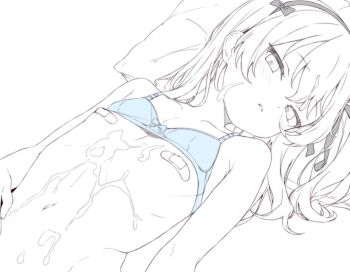 1girl bandaid bandaids_on_nipples blue_bra blush bra bra_lift clothes_lift commentary_request cum cum_on_body cum_on_chest expressionless flat_chest girls_und_panzer long_hair looking_at_viewer monochrome navel osanai_sanday parted_lips pasties shimada_arisu solo spot_color underwear upper_body