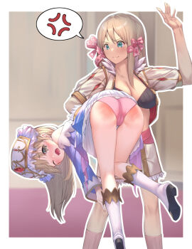 Rule 34 | anger vein, aqua eyes, ass, atelier (series), atelier totori, bent over, black bra, blonde hair, boots, bow, bra, breasts, brown eyes, cameltoe, carrying, carrying under arm, cat cube, cleavage, clothes lift, collarbone, crying, dress, fingernails, frilled dress, frills, gold trim, hand up, highres, humiliation, jacket, kneepits, large breasts, lifting person, long hair, medium hair, mervia siebel, one eye closed, open clothes, open jacket, open mouth, outline, panties, pink panties, skirt, skirt lift, spanked, spanking, speech bubble, standing, teeth, totooria helmold, underwear, white footwear, white outline