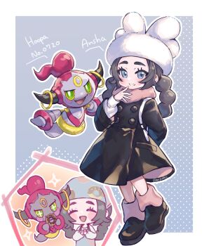 1girl ansha_(pokemon) apron backpack bag blue_background blush braid character_name coat donut dotted_background food full_body gen_6_pokemon grey_hair grin hat headscarf hoopa hoopa_(confined) jacket legendary_pokemon looking_at_viewer mipokec mythical_pokemon nintendo open_mouth pokemon pokemon_legends:_z-a scarf smile solo