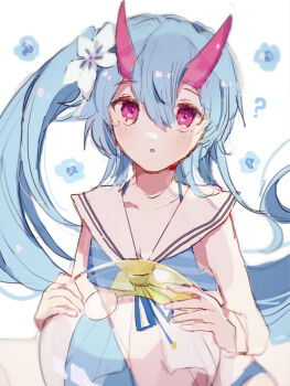 1girl :o bikini blue_archive blue_hair chise_(blue_archive) flower hair_flower hair_ornament highres horns long_hair nemunemu1226 pink_eyes ponytail sailor_collar swimsuit