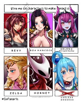 ahoge aqua_(konosuba) armor arthropod_girl artist_name bare_shoulders black_dress black_eyes black_gloves black_hair black_hairband black_lagoon black_tank_top blonde_hair blue_dress blue_eyes blue_hair blush boa_hancock bow bowtie breasts breasts_apart brown_hair bug butterfly character_name cheek_squash cigarette cleavage clenched_hand cloak closed_mouth collarbone colored_skin commentary dress drill_hair drill_sidelocks earrings english_commentary english_text enma_(enmanuelart) epaulettes eyelashes fingerless_gloves forehead_jewel gloves gradient_background green_bow green_bowtie hair_between_eyes hair_ornament hairband hand_on_own_chin hashtag highres holding holding_cigarette hollow_knight hollow_knight:_silksong hornet_(hollow_knight) horns insect jewelry kono_subarashii_sekai_ni_shukufuku_wo! large_breasts lips long_hair looking_at_viewer looking_down looking_to_the_side looking_up mobile_legends:_bang_bang multiple_drawing_challenge needle_(hollow_knight) nintendo one_piece open_mouth orange_eyes outside_border parted_lips pink_dress pointy_ears portrait princess_zelda purple_background purple_hair purple_horns purple_skin red_background red_cloak revy_(black_lagoon) selena_(mobile_legends) shoulder_armor shoulder_tattoo sidelocks six_fanarts_challenge smile smoke snake_earrings sphere_hair_ornament tank_top tattoo tearing_up teeth the_legend_of_zelda triangle_earrings watermark wavy_mouth white_background white_butterfly yellow_eyes