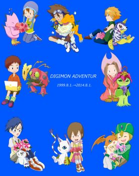 Rule 34 | 3girls, 5boys, agumon, bird, bug, cat, digimon, digimon (creature), gabumon, glasses, gomamon, highres, ishida yamato, izumi koshiro, kido jo, multiple boys, multiple girls, palmon, patamon, piyomon, reptile, tachikawa mimi, tailmon, takaishi takeru, takenouchi sora, tentomon, wings, yagami hikari, yagami taichi
