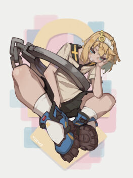 Rule 34 | 1boy, absurdres, androgyne symbol, aqua eyes, bike shorts, bike shorts under skirt, black skirt, blonde hair, blue eyes, boots, bridget (guilty gear), cuffs, full body, grin, guilty gear, guilty gear strive, hair between eyes, hairband, hand on own face, handcuffs, highres, looking at viewer, medium hair, open mouth, pleated skirt, short sleeves, simple background, sitting, skirt, smile, solo, solo focus, teeth, togekk0, wariza, white background, white hairband