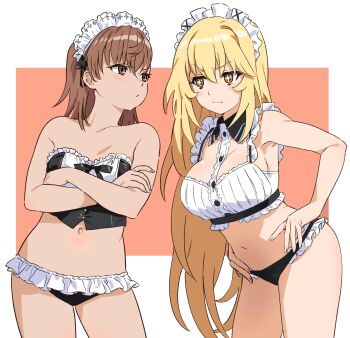 2girls absurdres annoyed asdf_4532 bare_shoulders bikini blonde_hair breasts brown_hair crossed_arms face-to-face hands_on_own_hips highres large_breasts long_hair looking_at_another maid maid_bikini maid_headdress misaka_mikoto multiple_girls navel shokuhou_misaki short_hair swimsuit toaru_kagaku_no_railgun toaru_majutsu_no_index unconventional_maid