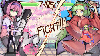 2girls :d ahoge artist_name black_hair black_pants black_pantyhose black_sandals black_shoes blue_eyes bob_cut breasts cherry_blossoms collarbone colored_bangs commentary contest_winner dual_wielding english_commentary english_text fighting_game full_body green_eyes green_hair hair_between_eyes hair_intakes hair_ornament headband health_bar highres holding holding_nunchaku holding_stylus holding_weapon hood hooded_jacket jacket japanese_clothes kimono leenarieart leg_up long_hair low_twintails medium_breasts mocha_(osu!) multiple_girls multiple_views nunchaku open_clothes open_jacket open_mouth osu! outdoors oversized_object paint_splatter pants pantyhose pink_hair pink_jacket pippi_(osu!) purple_headband raised_eyebrow red_headband red_kimono sandals second-party_source shoes short_hair smile socks socks_over_pantyhose standing star-shaped_pupils star_(symbol) star_hair_ornament stylus symbol-shaped_pupils tabi twintails twitter_username unconventional_weapon v-shaped_eyebrows very_long_hair vs weapon white_socks