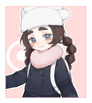 1girl ansha_(pokemon) backpack bag black_coat border brown_hair closed_mouth coat commentary_request eyelashes grey_eyes happy hat highres long_hair nintendo pink_background pink_scarf pokemon pokemon_legends:_z-a scarf smile solo white_bag white_border white_hat zero_(ribia)