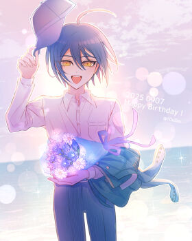 1boy ahoge backlighting black_hat blue_hair blurry bokeh bouquet collared_shirt commentary_request cowboy_shot danganronpa_(series) danganronpa_v3:_killing_harmony dated depth_of_field english_text flower hair_between_eyes hand_up happy happy_birthday hat highres holding holding_bouquet holding_jacket holding_unworn_clothes holding_unworn_hat jacket light_blush long_sleeves looking_at_viewer male_focus ocean open_mouth outline pants purple_theme saihara_shuichi shirt short_hair sky smile solo sparkle standing teeth tourin_fuwa twitter_username unworn_hat unworn_headwear unworn_jacket upper_teeth_only white_outline white_shirt yellow_eyes