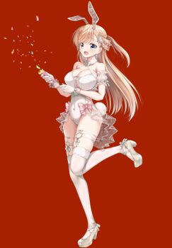 1girl animal_ear_hairband animal_ears araragi_ayune armband bare_shoulders blonde_hair blue_eyes bow bowtie braid breasts cleavage commentary_request confetti covered_navel detached_collar fake_animal_ears fake_tail frilled_armband frills full_body gloves hairband isshiki-san_wa_koi_wo_shiritai. large_breasts leg_up leotard long_hair open_mouth party_popper playboy_bunny rabbit_ear_hairband rabbit_ears rabbit_tail red_background rinna_milford showgirl_skirt simple_background smile solo tail thigh_strap thighhighs white_bow white_bowtie white_gloves white_leotard white_tail white_thighhighs