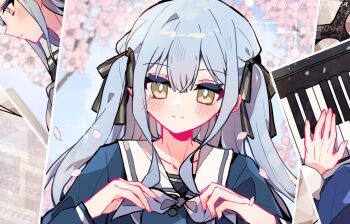 Rule 34 | 2girls, bang dream!, bang dream! it's mygo!!!!!, black ribbon, blue hair, blue shirt, cherry blossoms, chinese commentary, commentary request, falling petals, hair ribbon, instrument, keyboard (instrument), kyou 039, long hair, long sleeves, multiple girls, multiple views, petals, ribbon, shirt, sidelocks, togawa sakiko, yellow eyes