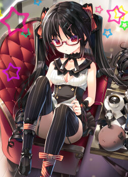 Rule 34 | 1girl, arane (z/x), arikawa satoru, black hair, black shoes, black thighhighs, book, bow legwear, breasts, cleavage, cleavage cutout, clothing cutout, coffee, coffee mug, copyright notice, couch, cup, dress, glasses, hair ornament, hairpin, highres, holding, holding book, indoors, long hair, lying, mug, official art, on back, on couch, open book, reading, red eyes, ribbed thighhighs, shoes, solo, star (symbol), table, thighhighs, twintails, z/x