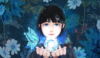1girl black_hair blue_background blue_butterfly blue_eyes blue_hair bug butterfly butterfly_on_hand commentary_request flower hands_up highres insect lipstick looking_at_viewer makeup mozu_(112601jack) multicolored_hair orb original two-tone_hair