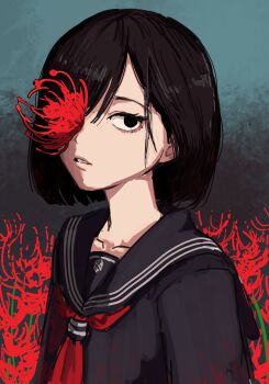Rule 34 | 1girl, aqua background, arms at sides, black background, black eyes, black hair, black sailor collar, black shirt, blood, blood on clothes, collarbone, commentary request, floral background, flower, flower over eye, gradient background, hair between eyes, highres, long sleeves, looking at viewer, neckerchief, no pupils, one eye covered, parted lips, red flower, red neckerchief, ryoha kosako, sailor collar, school uniform, serafuku, shimizu hinako, shirt, silent hill (series), silent hill f, solo, spider lily, two-tone background, upper body