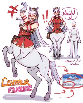 Rule 34 | !, !!, 1girl, 1other, animal ears, armband, bare shoulders, blunt bangs, blush, bow, bowtie, breasts, brown hat, centaur, dress, ear bow, gloves, gold ship (red strife) (umamusume), gold ship (umamusume), grey hair, hat, highres, horse ears, horse girl, horse pose, horse tail, long hair, looking at viewer, open mouth, pillbox hat, purple bow, purple eyes, red dress, sleeveless, sleeveless dress, smile, speech bubble, striped armband, striped clothes, t-head trainer (umamusume), tail, taur, teeth, trainer (umamusume), trishot, umamusume, white gloves