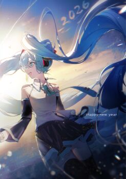 1girl 2026 absurdres aqua_eyes aqua_hair aqua_necktie aqua_trim bare_shoulders black_skirt breasts cloud cloudy_sky collared_shirt commentary_request detached_sleeves floating_hair grey_shirt hair_between_eyes hair_ornament happy_new_year hatsune_miku headset highres kamatoyu long_hair long_sleeves medium_breasts miniskirt necktie new_year open_mouth outdoors pleated_skirt shirt skirt sky sleeveless sleeveless_shirt smile solo thighhighs twintails very_long_hair vocaloid wide_sleeves zettai_ryouiki
