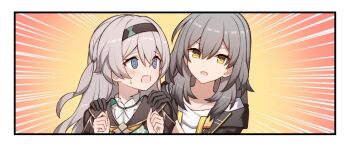 2girls :d @_@ black_gloves black_hairband black_jacket blue_eyes blush border collarbone collared_shirt emphasis_lines firefly_(honkai:_star_rail) gloves grey_hair hair_between_eyes hair_intakes hairband hands_on_another&#039;s_shoulders honkai:_star_rail honkai_(series) jacket long_hair looking_at_another looking_at_viewer multiple_girls neckerchief off-shoulder_jacket off_shoulder one_side_up open_mouth orange_background orange_neckerchief portrait shirt side-by-side sidelocks simple_background smile stelle_(honkai:_star_rail) sweatdrop t@ke-g trailblazer_(honkai:_star_rail) v-shaped_eyebrows white_border white_shirt yellow_eyes