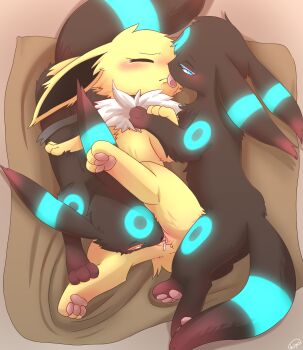 1girl 2boys artist_request blue_eyes cunnilingus fellatio furry gen_1_pokemon gen_2_pokemon highres jolteon multiple_boys nintendo oral pokemon pokemon_(creature) sex shiny_umbreon umbreon