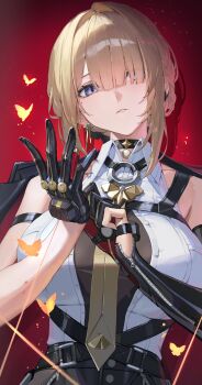 1girl absurdres bare_shoulders black_gloves black_jacket black_pants blonde_hair breasts bug butterfly chest_harness choker collared_shirt earrings elbow_gloves evelyn_chevalier gloves hair_ornament harness high-waist_pants highres insect jacket jacket_on_shoulders jewelry large_breasts looking_at_viewer medium_hair necktie pants purple_eyes shirt sleeveless sleeveless_shirt solo tight_clothes tight_pants watao white_shirt wire zenless_zone_zero