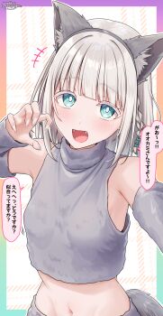 Rule 34 | +++, 1girl, absurdres, animal ear hairband, animal ears, armpit crease, bare shoulders, blue eyes, blunt bangs, blush, braid, breasts, bright pupils, claw pose, colored eyelashes, commentary request, crop top, detached sleeves, fake animal ears, fangs, hairband, hand up, highres, long sleeves, looking at viewer, medium hair, midriff, motion lines, navel, open mouth, original, ramchi, side braid, silver hair-chan (ramchi), single braid, small breasts, speech bubble, straight hair, tail, translation request, turtleneck, upper body, white hair, white nails, white pupils, wolf tail