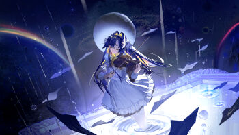1girl apron black_dress blonde_hair blue_background blue_hair bow bow_(music) closed_eyes colored_inner_hair cowboy_shot dark_background dress frilled_apron frills fuusen hair_bow hair_intakes hair_ornament highres holding holding_bow_(music) holding_instrument holding_violin instrument long_hair long_sleeves multicolored_hair music pantyhose paper parted_bangs picture_frame planet playing_instrument rain reverse:1999 school_uniform smile solo soviet_school_uniform space star_(symbol) star_hair_ornament violin voyager_(reverse:1999) wading water_drop white_apron white_bow white_pantyhose