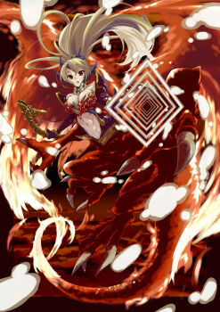 1girl armlet bad_id bad_pixiv_id bare_shoulders blonde_hair breasts centauroid choker claws cleavage crop_top dragon dragon_devil_queen_dragoon dragon_girl duel_monster elbow_gloves energy_barrier female_focus fire full_body gloves hair_between_eyes harp high_ponytail highres holding horns instrument jewelry large_breasts long_hair long_image looking_at_viewer midriff monster_girl navel open_mouth outstretched_arm ponytail purple_gloves queen_dragun_djinn red_eyes serious solo spikes square tail tall_image taur toru_k wings yu-gi-oh! yu-gi-oh!_duel_monsters