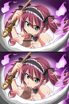 Rule 34 | 00s, :>=, airi (queen's blade), biting, breasts, censored, fellatio, fire, foreskin, biting foreskin, green eyes, highres, kobayashi tetsuya, large breasts, maid, maid headdress, nipples, oral, paizuri, penis, pov, queen's blade, red hair, scythe, seiki kyushu, smile, twintails, weapon