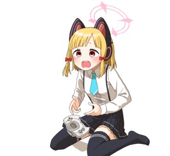 1girl abekawa animal_ear_headphones black_skirt black_thighhighs blonde_hair blue_archive blue_necktie bow cat_ear_headphones cat_ears collared_shirt controller dreamcast_controller game_console game_controller hair_bow halo headphones holding holding_controller holding_game_controller kneeling long_sleeves medium_hair momoi_(blue_archive) necktie open_mouth pink_eyes pleated_skirt red_bow sega_dreamcast shirt sitting skirt solo surprised thighhighs white_shirt