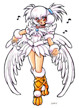 1girl absurdres artist_name ballerina bird_girl boots bracelet brooch collarbone commentary covered_navel eighth_note facial_mark feather_skirt feathered_wings full_body fur-trimmed_boots fur_bracelet fur_trim highres jewelry knee_boots kokomahi leotard looking_at_viewer mark_under_eye multiple_wings musical_note official_art open_hands open_mouth pom_pom_(clothes) puffy_short_sleeves puffy_sleeves red_eyes samurai_evolution_oukoku_geist shitsuren_hime short_sleeves showgirl_skirt signature simple_background skirt smile solo standing swan_girl tachi-e talons thighs two_side_up white_background white_hair white_leotard white_skirt white_wings wings yellow_boots