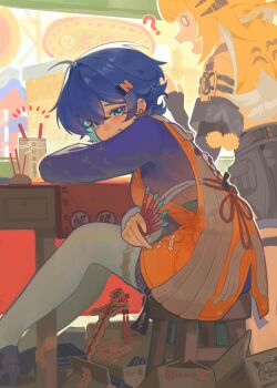 2girls ? absurdres accessories beizi_(clothing) belle_(delicate_sunlight)_(zenless_zone_zero) belle_(zenless_zone_zero) black_shoes black_shorts blank_eyes blonde_hair blue_hair blue_shirt chair chinese_clothes chinese_text colored_inner_hair commentary_request confused desk dress dress_over_shirt earrings fingerless_gloves from_side gloves green_eyes hair_between_eyes hair_ornament high-waist_shorts highres incense jacket jewelry ju_fufu letter_hair_ornament long_hair looking_at_viewer multicolored_hair multiple_girls open_mouth orange_dress orange_fur outdoors pantyhose roo_boo shirt shoes short_hair shorts sitting standing striped_fur striped_hair table theft thigh_strap tiger_girl tiger_stripes white_pantyhose yellow_jacket zenless_zone_zero