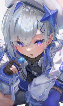 1girl absurdres amane_kanata amane_kanata_(work) angel beret black_gloves blue_eyes blue_hair candy commentary_request food gloves grey_hair hair_between_eyes hair_ornament hat highres holding holding_food hololive jacket kama_boko17 lollipop long_hair long_sleeves looking_at_viewer multicolored_hair open_mouth partially_fingerless_gloves puffy_sleeves saliva simple_background star_(symbol) star_hair_ornament virtual_youtuber