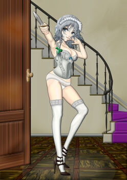 1girl blue_eyes bow braid breasts bustier commentary_request d&#039;orsay_heels door green_bow grey_hair hair_bow hand_on_own_cheek hand_on_own_face high_heels holding holding_knife izayoi_sakuya kams knife lace lace-trimmed_panties lace-trimmed_thighhighs lace_trim lingerie looking_at_viewer maid maid_headdress medium_breasts outstretched_arm panties pointing pointing_at_viewer stairs stiletto_heels thighhighs touhou twin_braids underwear white_bustier white_panties white_thighhighs
