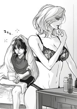 2girls applying_lipstick applying_makeup bra brushing_teeth chief_(path_to_nowhere) commentary_request cowboy_shot crossed_legs female_chief_(path_to_nowhere) greyscale highres korean_commentary langley_(path_to_nowhere) lingerie medium_hair monochrome multiple_girls panties path_to_nowhere sitting sleepy songeee_58 standing underwear yuri zzz