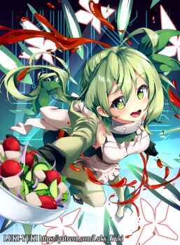 1girl ahoge apron black_gloves bow dress frilled_apron frills gloves green_bow green_dress green_eyes green_hair green_shoes green_thighhighs hair_bow long_hair looking_at_viewer lostorage_wixoss lukyyuki mary_janes mel_(wixoss) open_mouth shoes smile solo thighhighs twintails white_apron wixoss