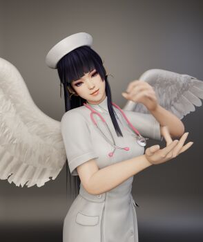 10s 1girl 3d absurdres alternate_costume black_hair blender_(medium) breasts chibiterasu17 dark_background dead_or_alive dead_or_alive_5 female_focus gradient_background grey_background handjob_gesture hat head_tilt highres hime_cut large_breasts long_hair looking_at_viewer mole mole_under_mouth motion_blur multicolored_background naughty_face nurse nurse_cap nyotengu presenting purple_eyes seductive_smile sexually_suggestive simple_background smile solo standing stethoscope tecmo wings xps