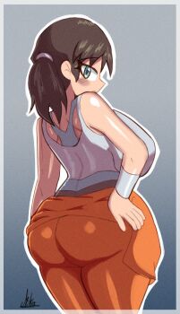 1girl ass ass_focus back bare_shoulders border breasts brown_hair chell from_behind from_side gradient_background green_eyes grey_background grey_border hands_on_own_hips huge_ass huge_breasts looking_at_viewer miks381 orange_pants outline pants ponytail portal_(series) shirt shirt_tied_around_waist signature thick_thighs thighs white_outline white_shirt
