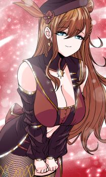 Rule 34 | absurdres, beret, blue eyes, braid, breasts, cleavage, detached sleeves, earrings, fishnets, flower, grs-, hair bun, hair flower, hair ornament, hat, highres, jewelry, large breasts, long hair, lucy monroe, midriff, non-web source, orange hair, original, smile, solo