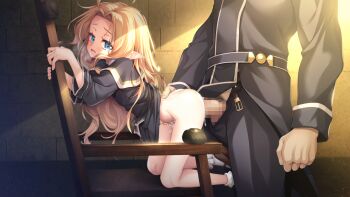 1boy 1girl ass blonde_hair blue_eyes bobby_socks bottomless censored chair cum cum_in_pussy cumdrip disheveled erection flat_chest full_body game_asset heavy_breathing loli long_hair lufia_(reijuu_no_acolyte_lufia) mary_janes mosaic_censoring non-web_source open_mouth penis pointy_ears reijuu_no_acolyte_lufia robe robe_lift sex sex_from_behind shoes socks tanabe_kyou visual_novel_cg