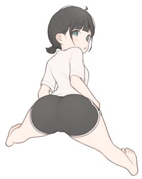 1girl 1ssakawaguchi absurdres ass barefoot black_shorts brown_hair dolphin_shorts from_behind grey_eyes highres huge_ass ichika_(1ssakawaguchi) kneepits looking_at_viewer looking_back original ponytail shirt short_ponytail short_shorts short_sleeves shorts simple_background solo t-shirt thighs white_background white_shirt