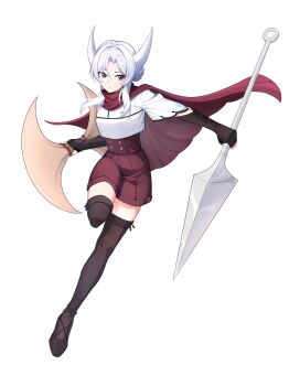 1girl absurdres adapted_costume alternate_costume alternate_eye_color boots cloak commission commissioner_upload crop_top elbow_gloves eyelashes fighting_stance fingerless_gloves full_body gloves grey_eyes hair_bun high-waist_shorts highres holding holding_polearm holding_shuriken holding_weapon hollow_knight hollow_knight:_silksong hornet_(hollow_knight) horns humanization long_bangs long_hair long_sidelocks looking_at_viewer non-web_source petite polearm short_sleeves shorts shuriken sidelocks solo thigh_boots thighs transparent_background uta_guipiy weapon white_hair