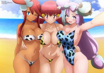 3girls absurdres animal_print arm_around_waist beach bikini blue_eyes blue_hair blue_one-piece_swimsuit blush bow-shaped_hair breast_press breasts character_hair_ornament cleavage cloud collarbone covered_erect_nipples cow_print cow_print_bikini dark_skin gen_1_pokemon hair_bun hair_ornament hairclip highres iono_(pokemon) large_breasts long_hair looking_at_viewer low_twintails magnemite multicolored_hair multiple_girls navel nintendo o-ring o-ring_bikini ocean one-piece_swimsuit one_eye_closed open_mouth pink_eyes pink_hair pokemon pokemon_bw pokemon_hgss pokemon_sv print_bikini print_swimsuit purple_eyes purple_hair red_hair sand sharp_teeth side_bun sidelocks sky skyla_(pokemon) smile standing swimsuit teeth twintails two-tone_hair underboob water white_bikini whitney_(pokemon) wink yellow_bikini zel-sama