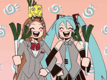 2girls animated bleach closed_eyes crossover hair_ornament hatsune_miku inoue_orihime leekspin_(meme) multiple_girls orange_hair smile spongebob_squarepants spring_onion tagme video