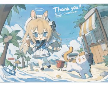 1girl :d animal_ear_fluff animal_ears black_ribbon black_sailor_collar black_shoes blonde_hair blue_bow blue_bowtie blue_eyes blush_stickers bow bowtie bucket calico_(pattern) calico_cat chibi chibi_only commission dress food full_body glasses hair_ribbon haiyan_limeng halo hat highres holding holding_food holding_ice_cream ice_cream long_hair open_mouth original rabbit_ears rabbit_girl ribbon sailor_collar sailor_dress shoes short_sleeves smile socks solo standing watermark white_halo white_hat white_socks