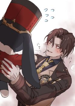 1boy 1other animal_ears back black_shirt blush brown_hair brown_jacket coat collared_shirt creature flying_sweatdrops fur-trimmed_coat fur_trim gloves grey_hair hair_between_eyes hands_up hat highres holding honkai:_star_rail honkai_(series) jacket kedama_(kedamaneko) lapels long_sleeves looking_at_another mr._reca_(honkai:_star_rail) multicolored_hair necktie open_mouth pom-pom_(honkai:_star_rail) rabbit_ears red_coat red_eyes red_hat shirt short_hair simple_background smile steam sweatdrop symbol-shaped_pupils teeth triangle-shaped_pupils two-tone_hair upper_body v-shaped_eyebrows vest white_background white_gloves white_vest yellow_necktie